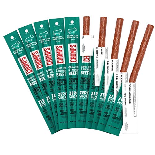 CHOMPS Grass Fed Beef Jerky Meat Snack Sticks, AIP Diet Compliant, Keto, Paleo, Whole30 Approved, Low Carb, Gluten Free, Sugar Free, Non-GMO, 90 Calories 1.15 Oz Stick, Italian Beef 10 Pack