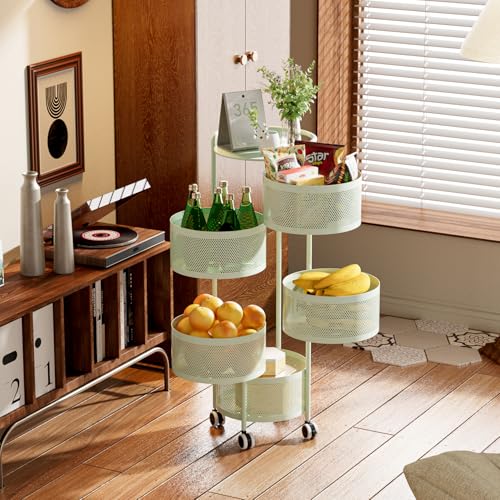 Image of JAQ Rotating Fruit Basket, 5-Tier Metal Sturdy Kitchen Storage Rack Shelf Carts No Assembly on Rolling Wheels for Fruit Vegetable Grocery Corns Potato Onion (5-Tier, Green)