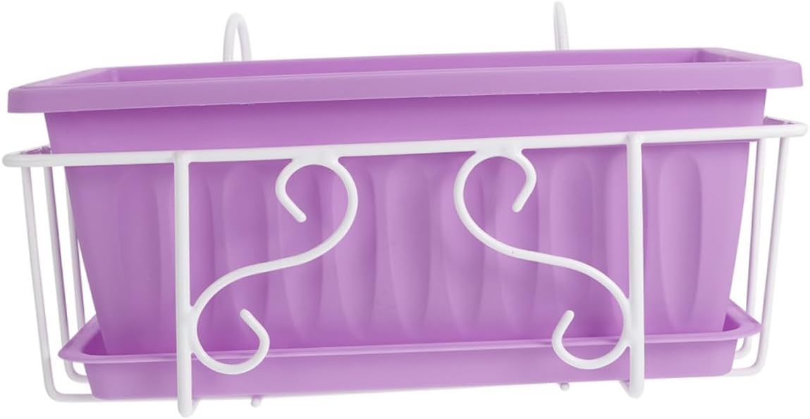 Large Rectangular Vegetable Planter Pot with White Metal Bracket and Saucer, Hanging Flower Pot for Outdoor Balcony Railing Gardening, Medium Purple Window Box Container