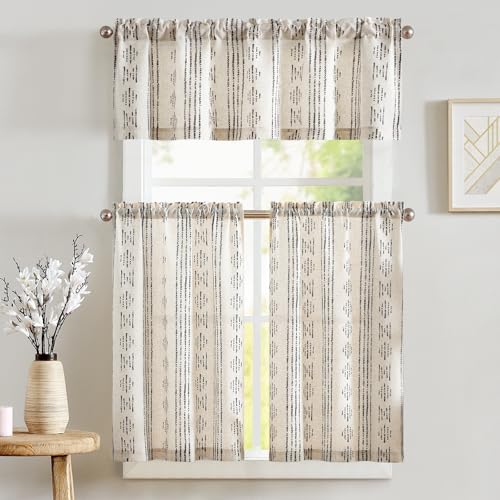 jinchan Boho Stripe Kitchen Curtains and Valance Set Linen Tier Curtains Bohemian Small Window...