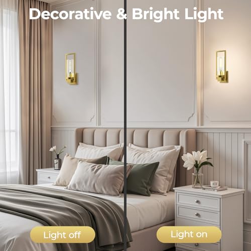 Image of CINOTON Golden Wall Sconces Set of 2, 15 inch Brushed Gold Wall Mounted Lamp, Hardwired AC 120V Wall Sconces Vintage Vanity Light Fixtures with Clear Glass, Wall Lights for Living Room, Hallway, Bedroom