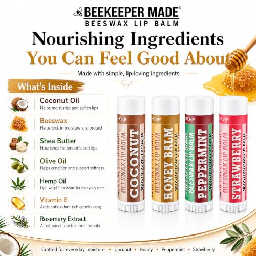 Image of Lip Balm, Honey /Peppermint /Coconut /Strawberry, 4 Pack