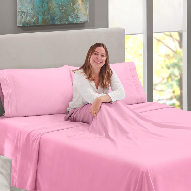 Image of BEVI - Home Premium Solid Plain Single Bedsheet with 1 Pillow Cover 300 TC Microfiber for Single Bed | Size (60 inch x 90 inch) Pink