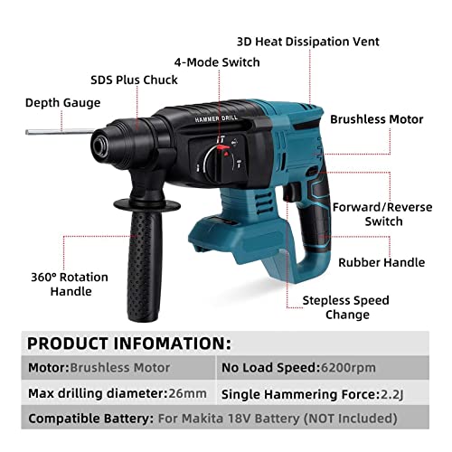 TEMSOOM Drillpro 4-Funktions-bürstenloser kabelloser elektrischer Bohrhammer, wiederaufladbarer Hammer, 26 mm… – Bild 5