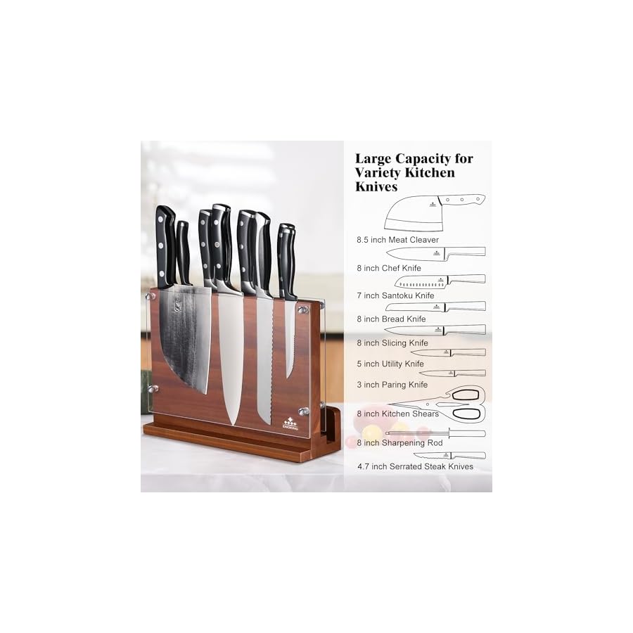 ENOKING-Magnetic-Knife-Block-with-Acrylic-Shield-12-x-9-Inches-Double-Side-Kitchen-Knife-Holder-without-Knives-Acacia-Wood-Universal-Knife-Storage-Organizer-with-Powerful-Magnet-for-Kitchen-Counter ENOKING Magnetic Knife Block with Acrylic Shield 12 x 9 Inches, Double Side Kitchen Knife Holder without Knives- Acacia Wood Universal Knife Storage Organizer with Powerful Magnet for Kitchen Counter