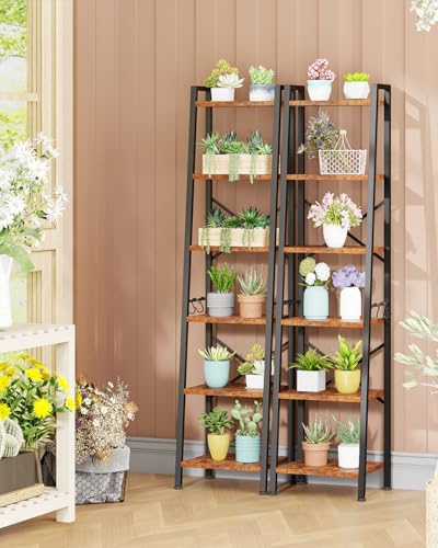 Furologee-5-Tier-Ladder-ShelfTall-Bookshelf-with-2-HooksNarrow-Bookcase-with-Storage-ShelvesCorner-Shelf-Free-Standing-Units-for-BedroomLiving-RoomHome-OfficeKitchenRustic-Brown Furologee 5 Tier Ladder ShelfTall Bookshelf with 2 HooksNarrow Bookcase with Storage ShelvesCorner Shelf Free Standing Units for BedroomLiving RoomHome OfficeKitchenRustic Brown