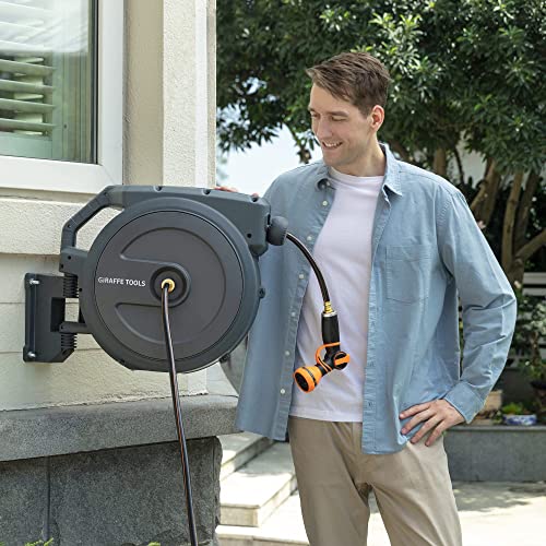 Giraffe Tools Retractable Hose Reel 5/8 Inch X 90 Ft Wall Mounted Garden Hose Reel Heavy Duty With Automatic Rewind, 180 Deg Swivel Bracket, Any Length Lock, 9 Pattern Hose Nozzle #TOP6