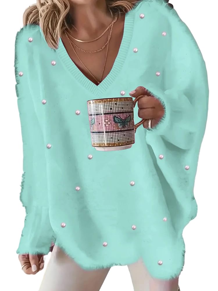 Womens Pearl Fuzzy Knit Sweater V-Neck Oversized Pullover Soft Long Sleeve Casual Loose Fall Winter Tops for Women