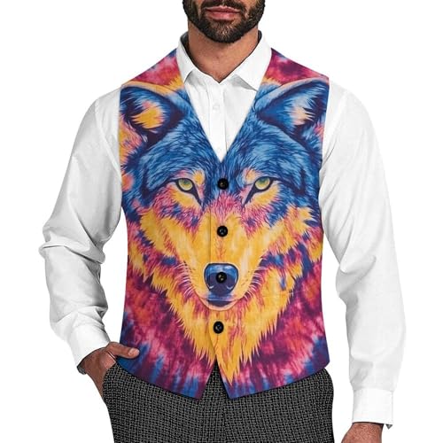 Tie Dye Pattern of Wolf Men's Suit Vest Slim Fit V-Ncek Waistcoat Business Casual Vest