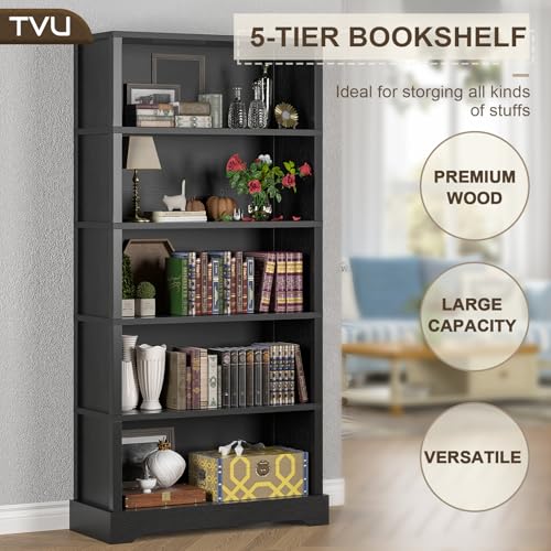 Image of TVU 5-Tier Wooden Bookshelf, 65 inch Tall Farmhouse Style Open Bookcase, 31.5 inch W Standing Book Shelf with Storage, Suitable for Study, Living Room, Office, Blcak