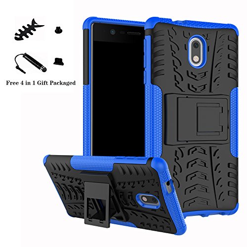 LiuShan Nokia 3 Custodia, Protettiva Shockproof Rigida Dual Layer Resistente agli Urti con cavalletto Caso per Nokia 3 Smartphone(con 4in1 Regalo impacchettato),Blu