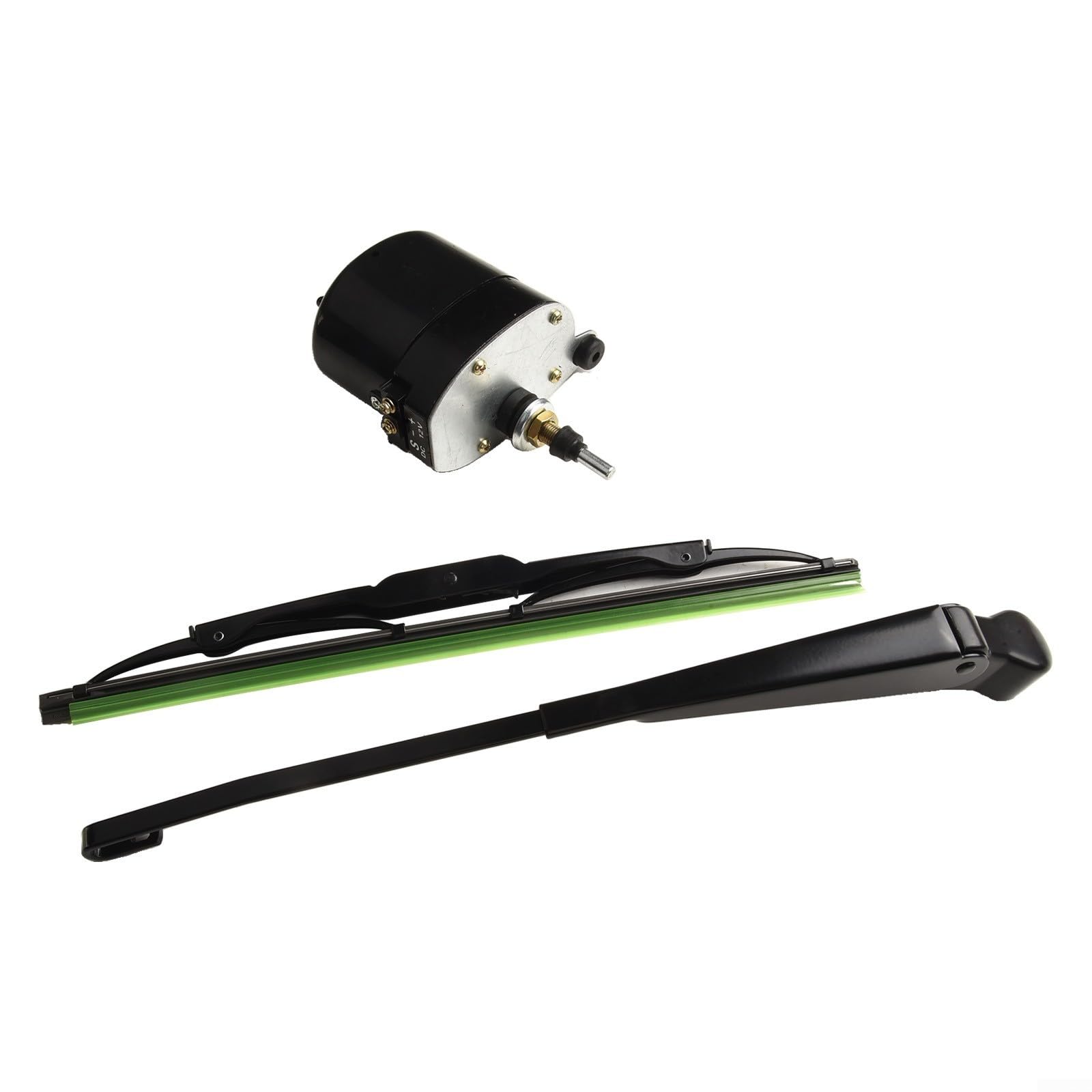 Moteur d'essuie-glace 12V avec angle 105° kit complet bras et balai noir et vert