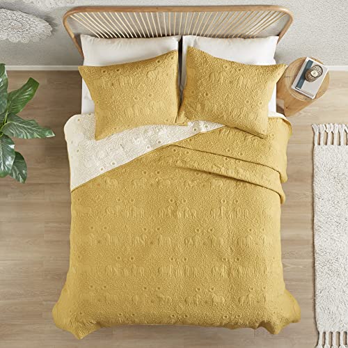 Ink+Ivy Kandula Full/Queen Size Quilt Bedding Set - Mustard Yellow , Quilted Floral, Elephants – 3 Piece Bedding Quilt Coverlets – 100% Cotton Percale Bed Quilts Quilted Coverlet #TOP1