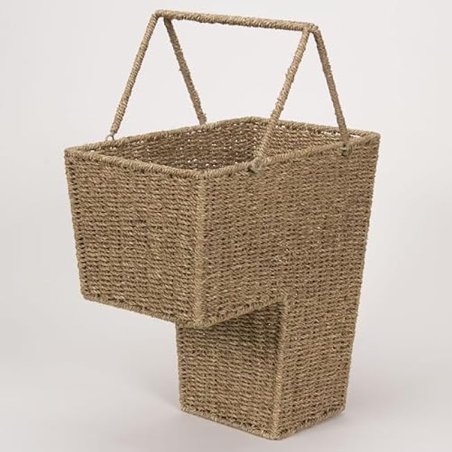 Household Essentials Wicker Stair Basket with Handles, Handwoven Seagrass, Sits on Two Stairs, Lightweight,