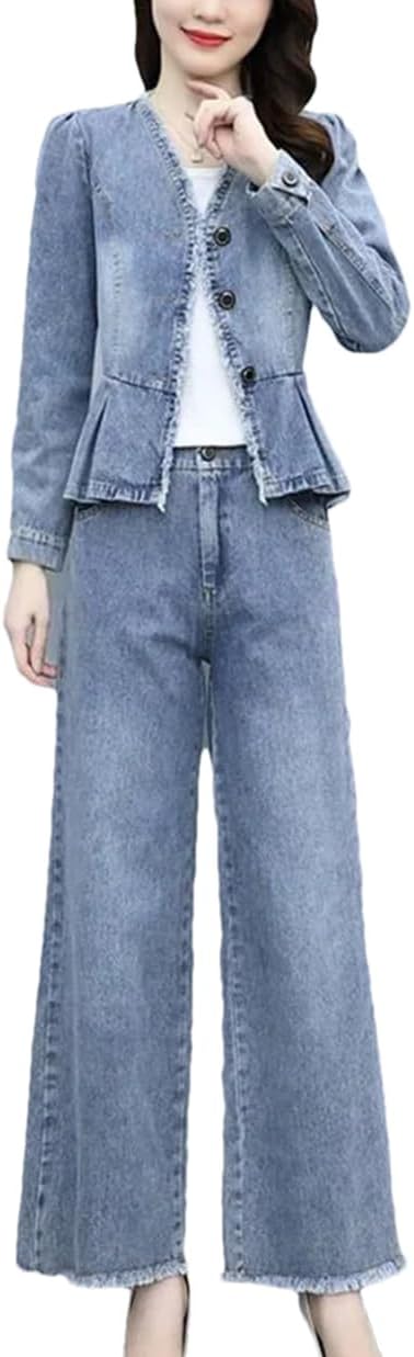 Womens V-Neck Denim Jacket and Elastic Waist Wide Leg Pants Suit Retro Spring Summer Casual Outfit