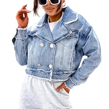 GHJCFVBS Jaquetas Jean Cropped Femininas Botão Manga Longa Down Raw Edges Notched Lapela Short Denim Coat,Blue,L
