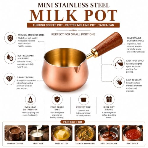 Image of Mini Turkish Coffee Pot with Wooden Handle | Premium Stainless Steel Cezve Coffee Maker | Copper Finish Milk Heating Pot for Turkish Coffee, Butter Melting, Sauce, Tea & Tadka | 50 ML