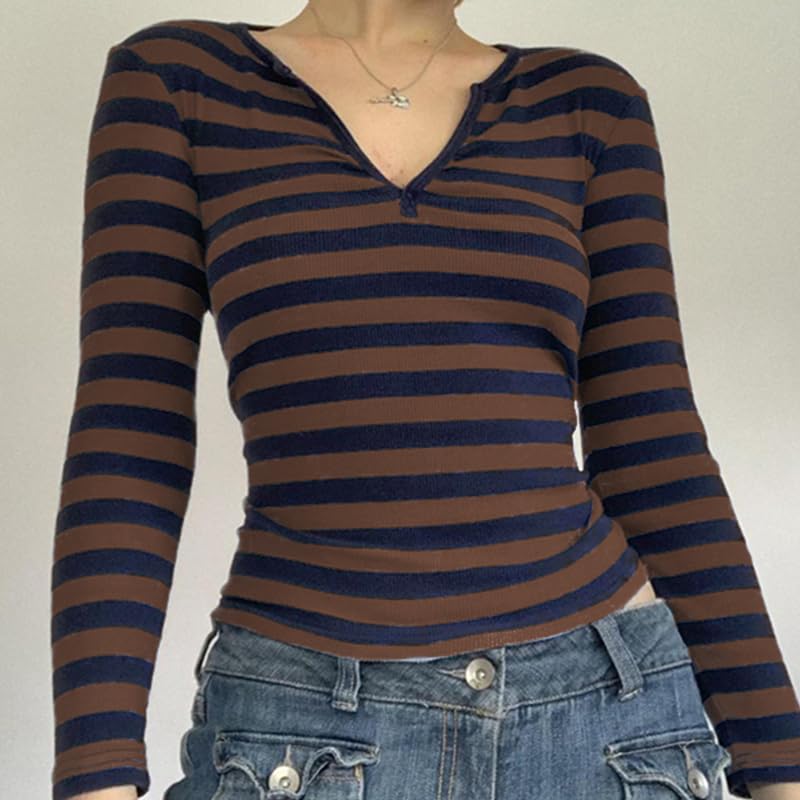 Image of Women Off Shoulder Striped Long Sleeve Top 2026 Fall Going Out Tee Shirts