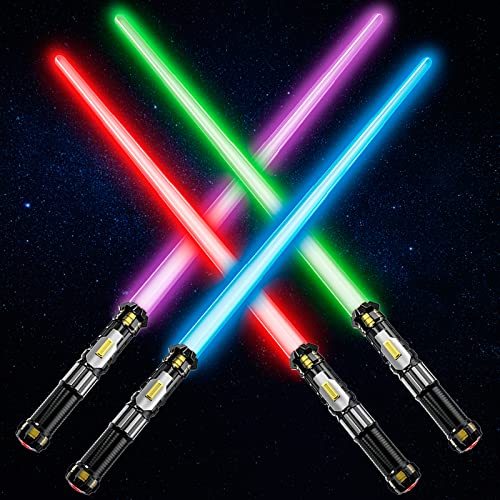 4 pack light up sword saber with fx sound on-off control and full retractable handle 4 colors led glow in the dark toy for kids adult