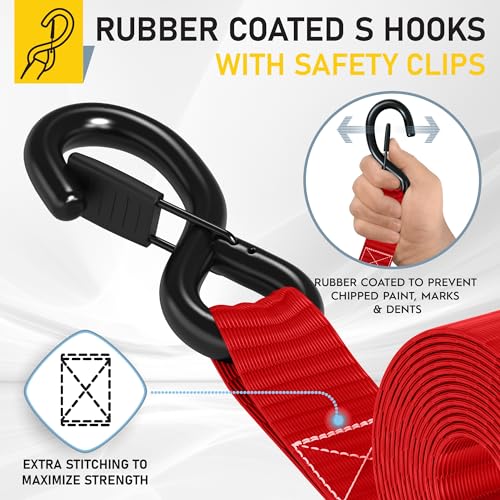 Image of AUGO Heavy Duty Ratchet Straps & Soft Loops - Pack of 4 Extra Strong 1.5 inch by 10' Ratchet Straps w /S-Hook Safety Latches & 4 Soft Loop Tie Downs - 4400Lb Break Strength for Motorcycles, ATVs, Etc.