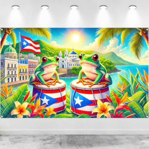 Image of BlissYard Puerto Rico Banner 71 x 43 Inches Tropical Frog Drum Flag Backdrop Puerto Rican Culture Caribbean Festival Party Decoration Wall Hanging for Fiesta Parade Home Outdoor Decor