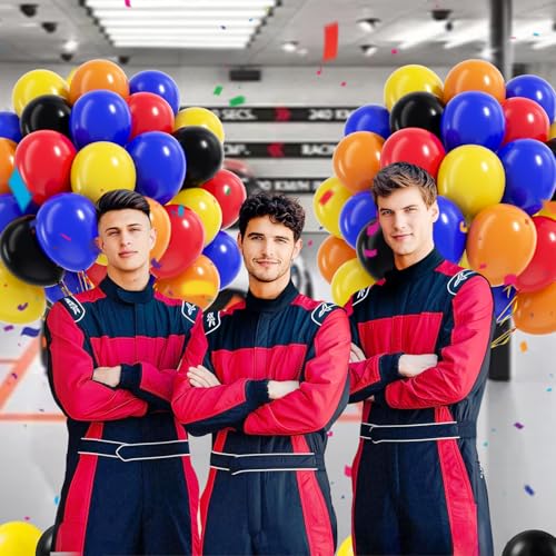 Image of 60pcs Race Car Balloons 12inch with Black Royal Blue Yellow Red Orange Latex Balloons for Race Car Two Fast Baby Shower Birthday Party Decorations