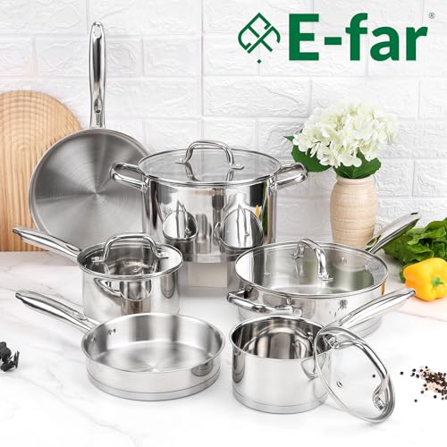 E-far 10-Piece Stainless Steel Cookware Set, Induction Pots and Pans Set with Tri-Ply Base, Non-toxic Kitchen Cooking Set w/Frying Pan, Saucepan, Saute Pan, Stockpot with Lids, Oven & Dishwasher Safe by E-far - Image 7