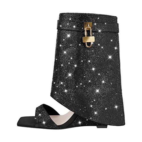 Lishan Glitter Wedge Heel Sandals For Women Rhinestone Sparkly Knee High Fold Over Chunky Block Heel Slip On Square Toe Pull On Shoes Wide Calf Shark Goth Boots Black Size11 #TOP23