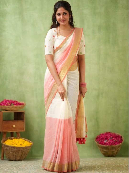 Image of Women's Cotton Silk Handloom Plain Solid Golden Zari Border Saree with Unstitched Blouse Piece | 5.5 Meter Saree + 0.8 Meter Blouse Piece | Traditional Ethnic Wear