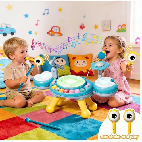 Meideh Kids Drum Set for Toddlers 1-3, Baby Drum Set Musical Toys with Light Up Microphone & 2 Sticks, Musical Instruments Montessori Learning Toys for 1 Year Old, Birthday Gift for Boys Girls by Meideh - Image 7