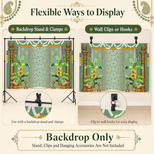 Image of India Pooja Backdrop Decorations, Traditional Banana Leaf Marigold Garland Photography Background for India Wedding, Haldi, Mehendi, Diwali, Housewarming, Festival Decoration Wall Decor Props 5X3FT