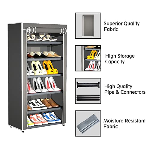 Image of YouCopia Shoe Rack for Home Non Woven Fabric - DIY Multipurpose Shoe Rack Organizer, 6-Layer Shoe Rack for Home -Shelf with Dustproof Door Entryway for Heels /Slippers /Boots (Grey, 6-Layer)