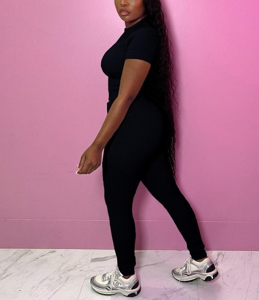 HBQ Women Two Piece Outfits Workout Sets Ribbed Casual Jogging Suits Short Sleeve Tracksuits2