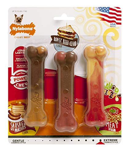 Nylabone Original Bone Power Chew Toy for Dogs Durable Dog Toys for Aggressive Chewers Flavor Frenzy Pancakes Sausage Roast Beef Lasagna X Small Up to 15 lbs 3 Pack