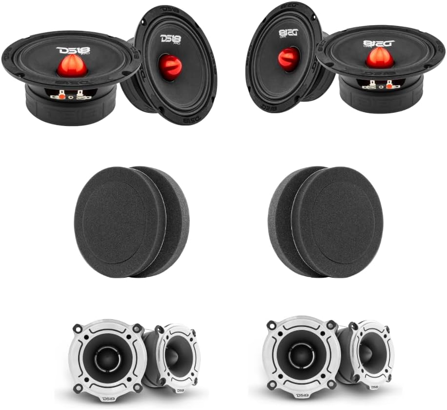 DS18 PRO Car Audio Component Package - 4x 6.5" Midrange Speakers + 4x Super Tweeters + Soundproof Sponges