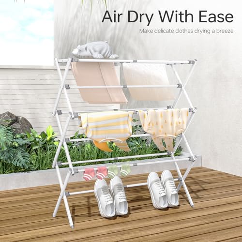 SYKIARIOL Clothes Airer, Foldable Clothes Drying Rack with 11 Poles, 3-Tier Clothes Horse extensible, Laundry Drying Rack Indoor Outdoor, Collapsible Clothing Dryer (White, 89 * 30 * 95.5cm) - Image 2