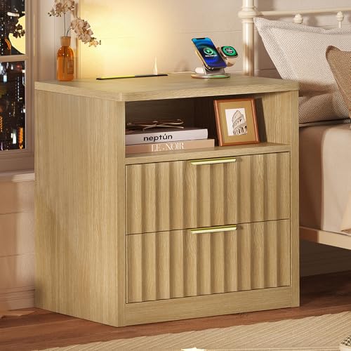 Image of TEENFON Fluted Night Stand, Nighstand with Charging Station and LED Light, Modern Bed Side Table for Small Space, Storage Drawer and Open Shelf, for Bedroom, Natural