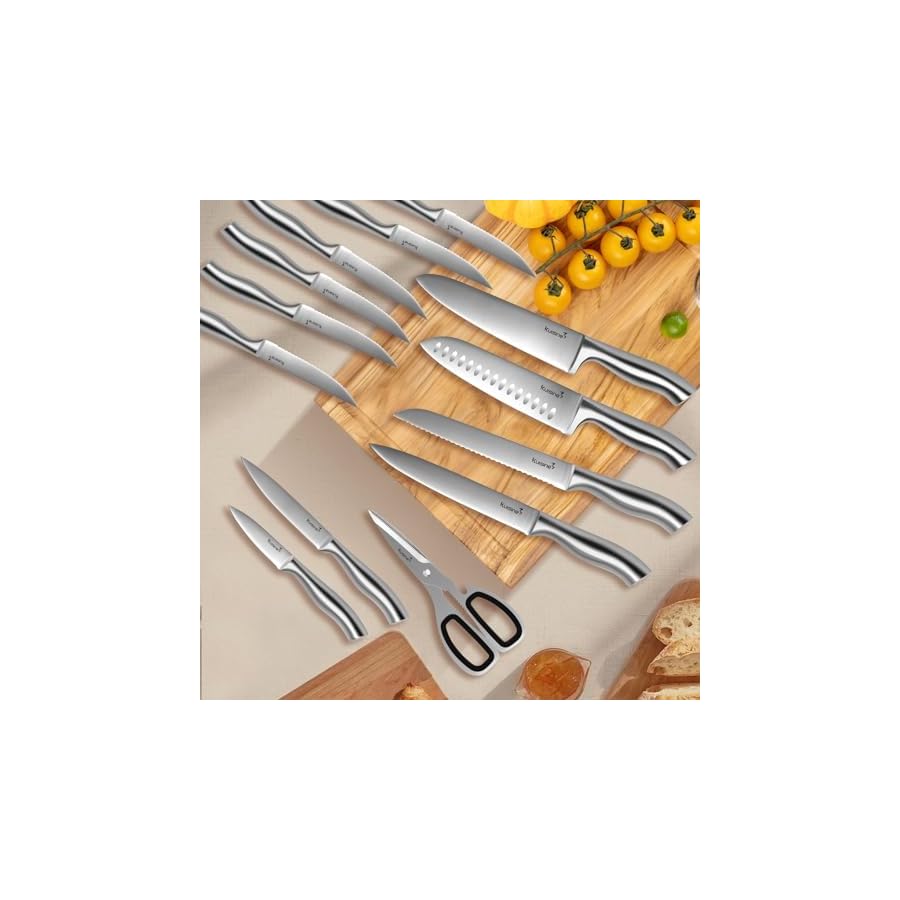 Kuisine Premium Sharp Knife Set,Carbon Steel Knife Set Forged,Ergonomic Handle Knife Block Set,Kitchen Block Knife Set,Chef Knife Set Built-in Sharpener(Silver Pro, 15PCS)