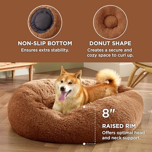 Image of Bedsure Calming Dog Bed for Medium Dogs - Donut Washable Medium Pet Bed, 30 inches Anti-Slip Round Fluffy Plush Faux Fur Cat Bed, Fits up to 45 lbs Pets, Copper | Fluffy Faux Fur Round Cuddler,Machine Washable,Anti-Slip Bottom,Anti-Anxiety,Deep Sleeping for Pets Up to 45 Lbs