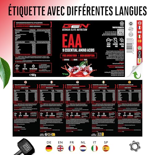 Poudre d'EAA 532 g - Les 9 acides aminés essentiels, y compris l'histidine et les BCAA - Formule Human Code - Boisson d'entraînement aminé - Super solubilité - Vegan (Cerise) – Image 8