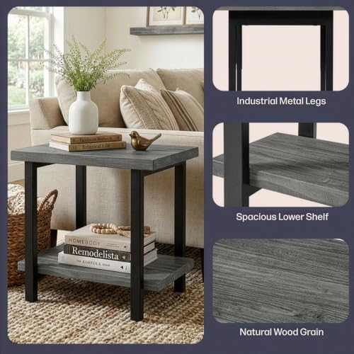 Image of Alaterre Furniture Pomona Solid Wood 2-Tier End Table, Slate Grey, 27 inch | Side Table or Nightstand with Storage Shelf and Metal Legs, Industrial Farmhouse Chair Side Table for Living Room or Bedroom
