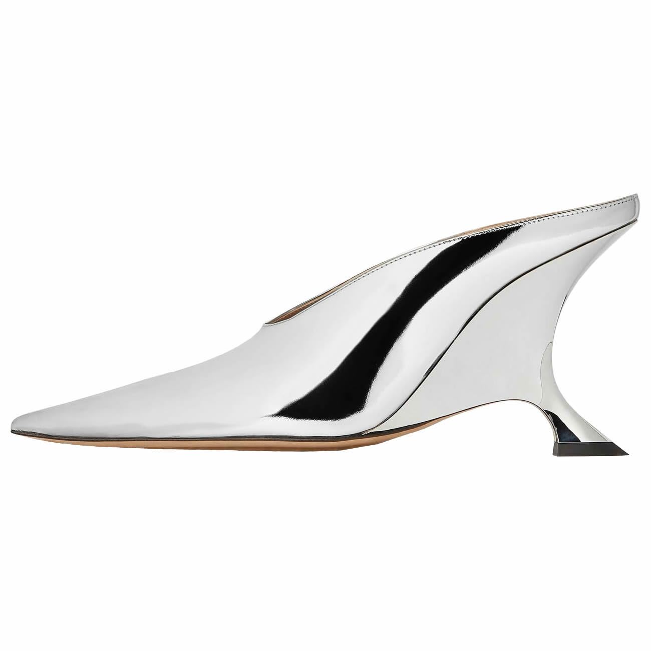 Kluolandi Metallic Heeled Mules for Women Sexy Pointed Closed Toe Slip On Wedge Mule Pumps Heels