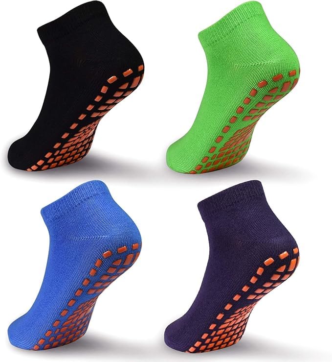 Image of WKLOUYHE Kids Anti-Skid Trampoline Socks 4 Pairs Non Slip Sticky Grips Breathable Cotton Socks for Teenagers