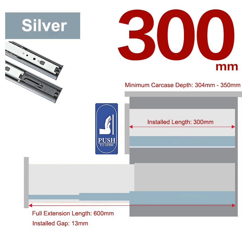 LOOTICH Full Extension Push to Open Rebound Drawer Slides 300 mm Side Mounted Handleless Ball Bearing Press Open Rails Drawer Runners Load Capacity 35 kg (1 Set) - Image 2