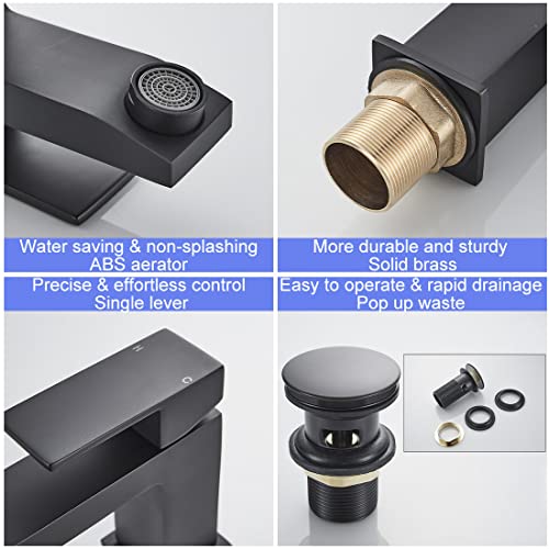 Luckyhome Basin Mixer Tap with Pop up Waste,Washroom Square Single Lever Chrome Brass Mixer Tap(Black) - Image 4