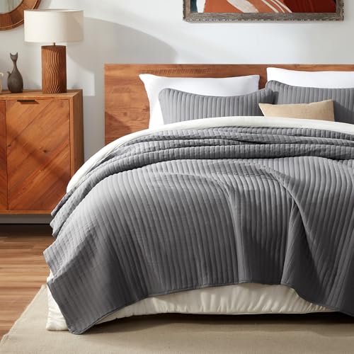 SLEEP ZONE Quilt Sets, Bedspread Bed Coverlets for All Season - Washed Microfiber - Lightweight Quilt Full/Queen Size (90x96 inch | 2 Pillow Shams, Straight Line Gray)