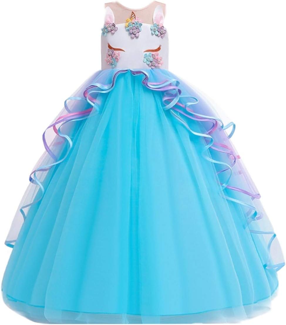 Girls Unicorn Rainbow Princess Birthday Party Carnival Cosplay Dress Up Costume Long Maxi Tulle Evening Gown