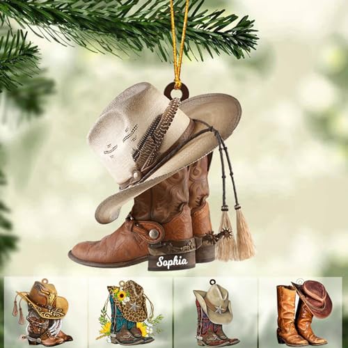 Custom Cowboy Boots and Hat Ornament - Personalized Cowboy Car Ornaments - Custom 2D Flat Shape Arcylic Name Ornament, Cowboy Ornament Gifts, Custom Christmas Tree Hanging Gifts