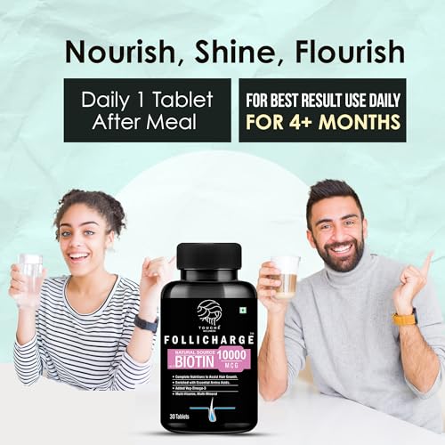 Touche Wellness Follicharge Tablets for Hair & Skin - Premium Formula with Biotin 10000 mcg with 18 Amino Acids, Mutli Minerals & Multivitamins for Men And Women 30 Tablets Bottle - Image 3