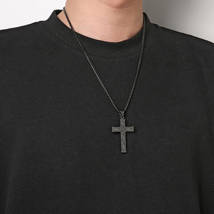 Cross Necklace for Men,Stainless Steel Black Silver Jesus Christ Crucifix Pendant Necklaces Meaningful Religious Jewelry，60cm Rolo Chain - Image 2